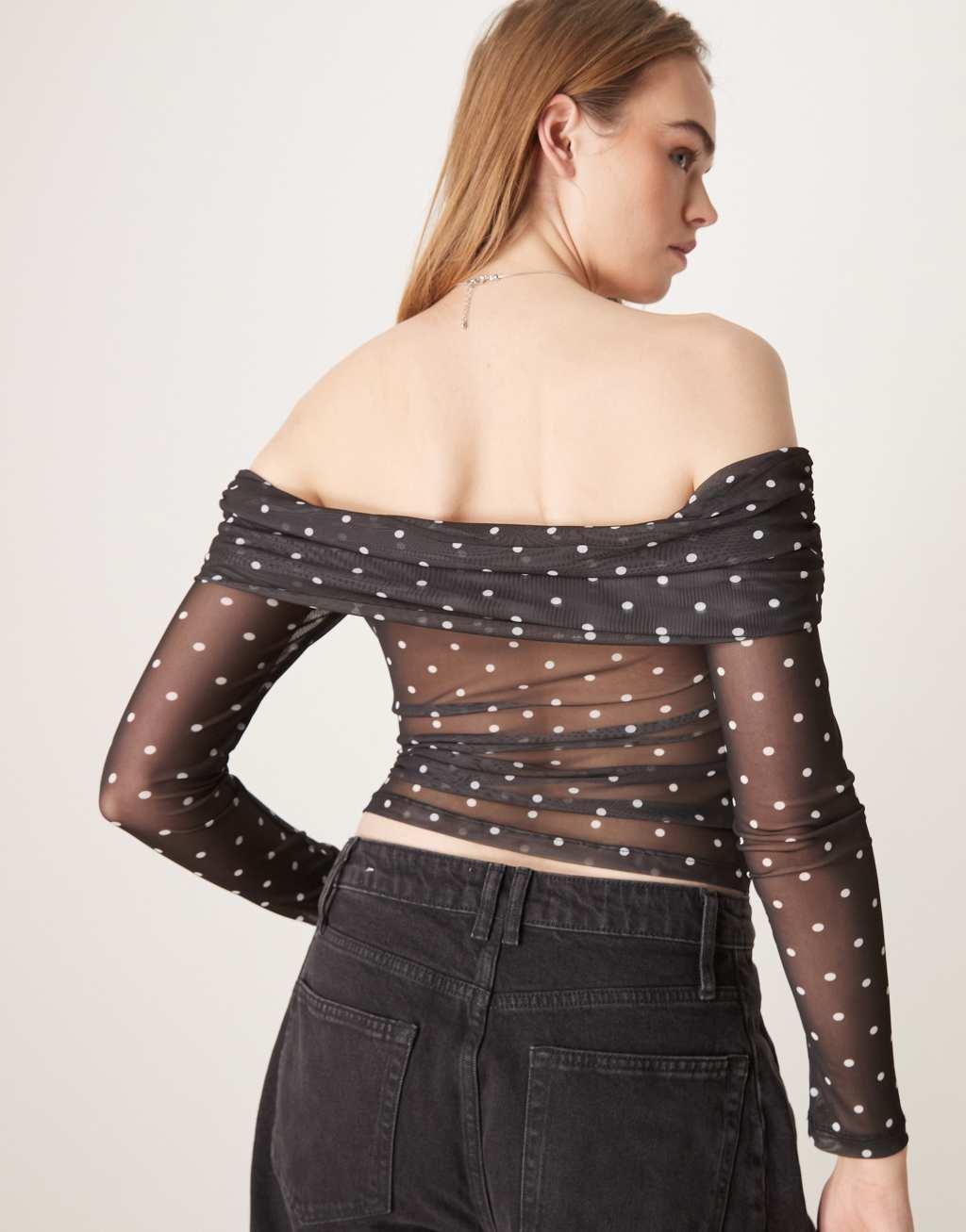 ASOS DESIGN polka dot foldover ruched off the shoulder top in black Product Image