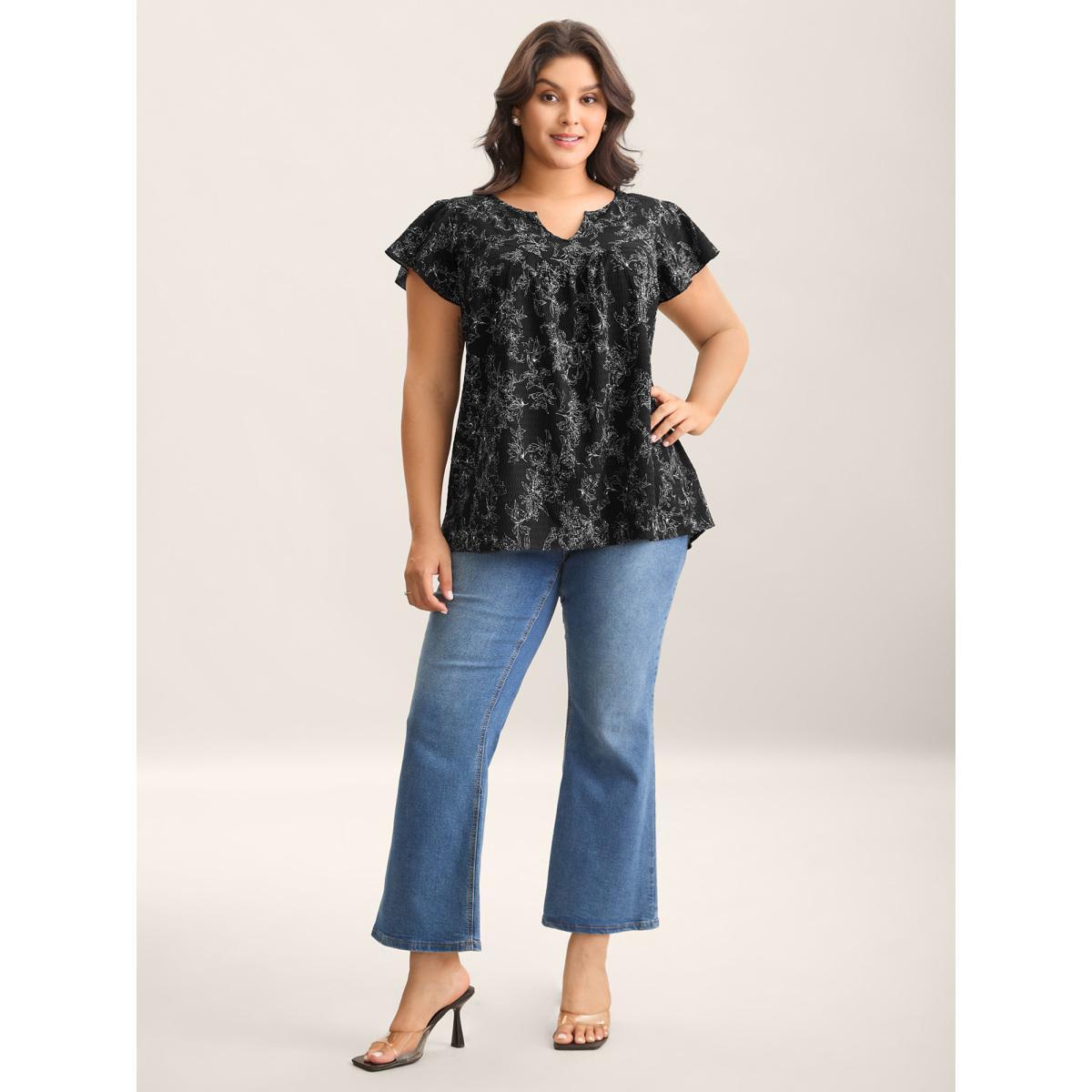 Plus Size Black Silhouette Floral Print Flutter Sleeve Blouse Women Cap Sleeve Notched collar Everyday-Elegant Blouses BloomChic 14-16/1X Product Image