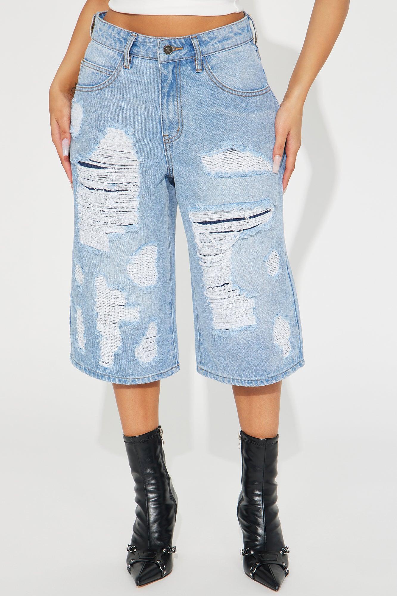 Know Your Place Ripped Denim Jorts - Light Wash Product Image