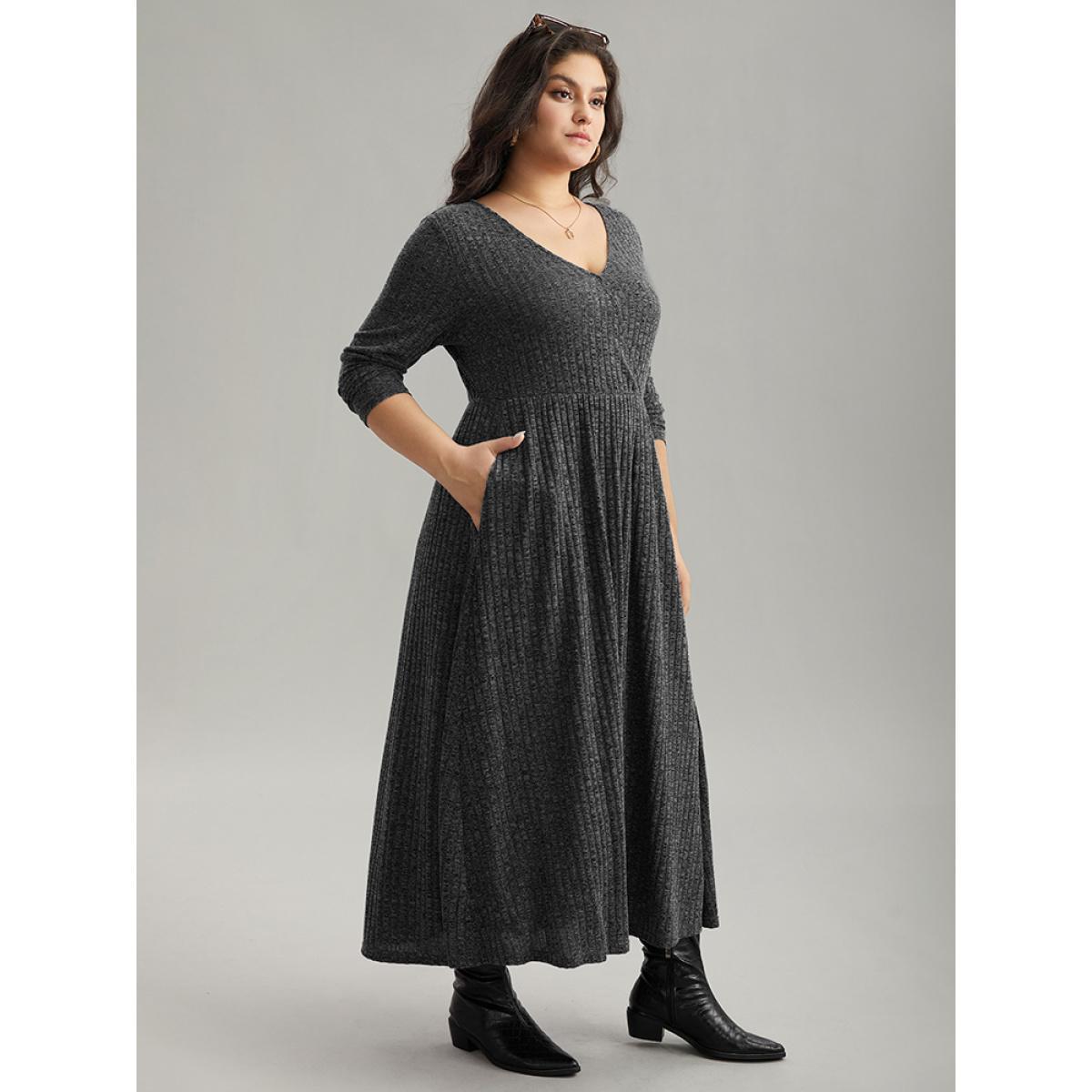Plus Size Solid Rib Knit Overlap Collar Pocket Dress DimGray Women Casual Texture Overlap Collar Long Sleeve Curvy Midi Dress BloomChic 28/5X Product Image