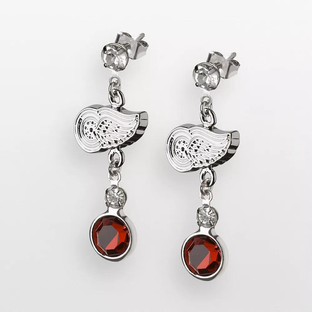 LogoArt Detroit Red Wings Silver Tone Crystal Logo Linear Drop Earrings, Women's Product Image