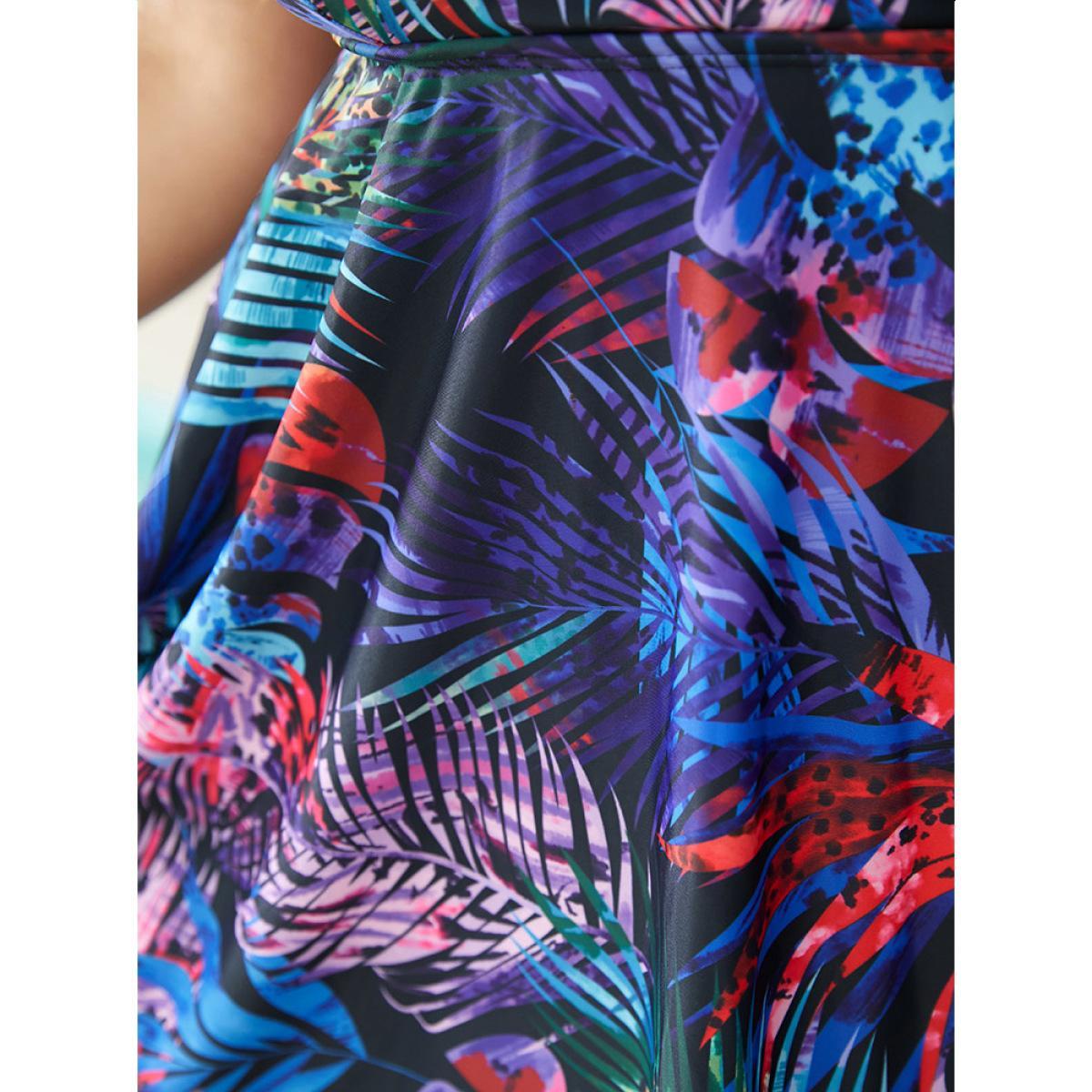 Plus Size Tropical Print Ruffle Hem Adjustable Straps Cami Swim Dress Women's Swimwear BlackFlower Vacation Bodycon Round Neck High stretch Curve Swim Dresses BloomChic 28/5X Product Image