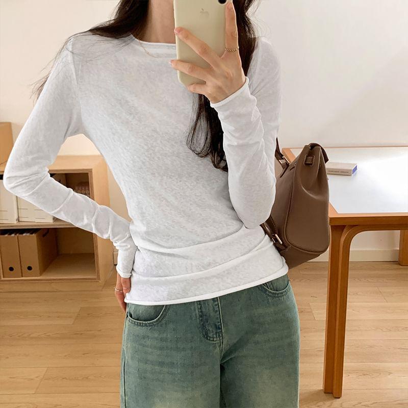 Long-Sleeve Round Neck Plain T-Shirt Product Image