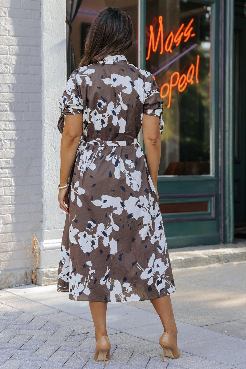Brown Floral Print Button Down Midi Dress - FINAL SALE Product Image