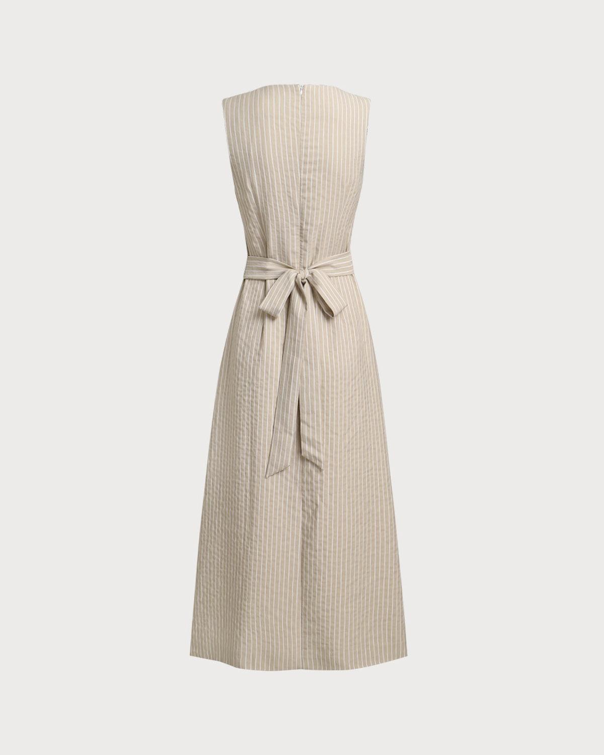 Khaki Striped V-Neck Sleeveless Maxi Dress Product Image