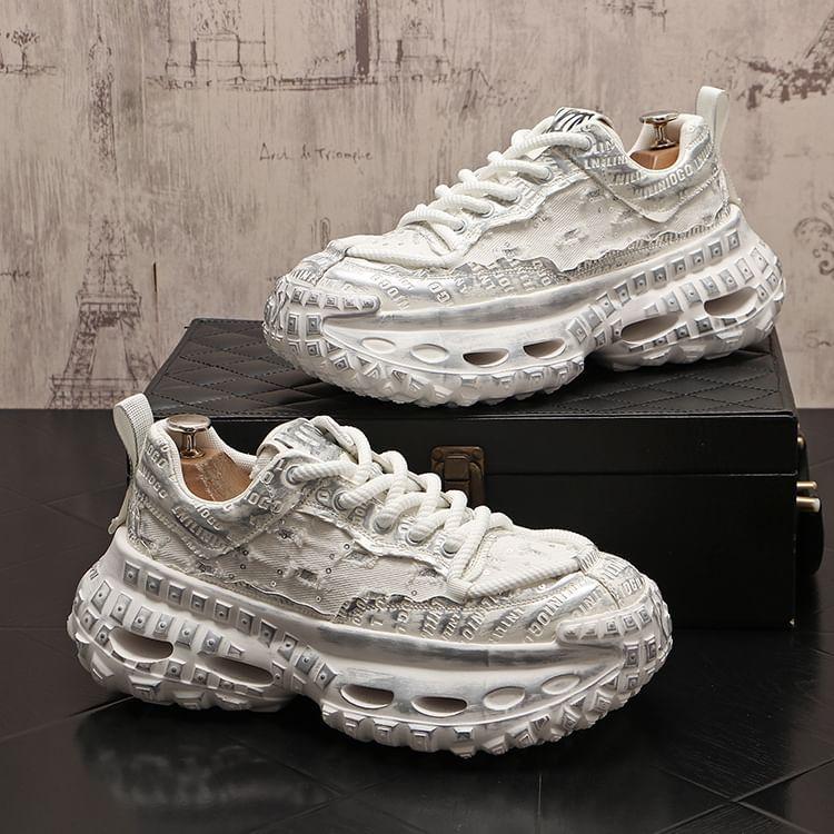Platform Sequin Distressed Lace-Up Sneakers Product Image