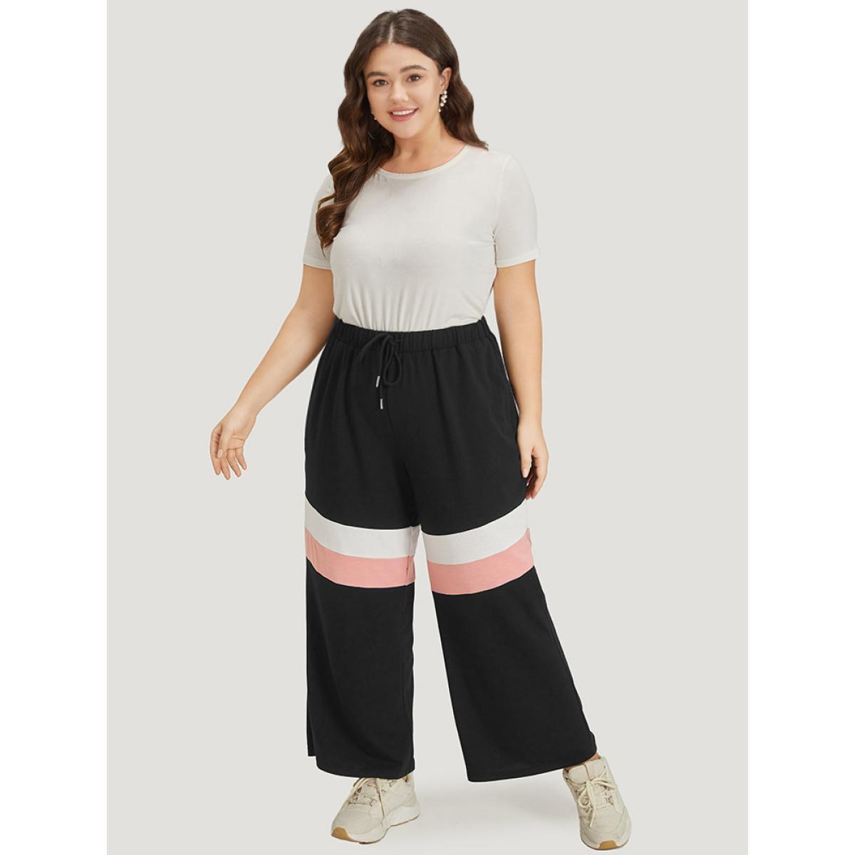 Striped Contrast Drawstring Pocket Elastic Waist Sweatpants Black Plus Size Women Casual Dailywear Contrast 30/6X Bloomchic Product Image