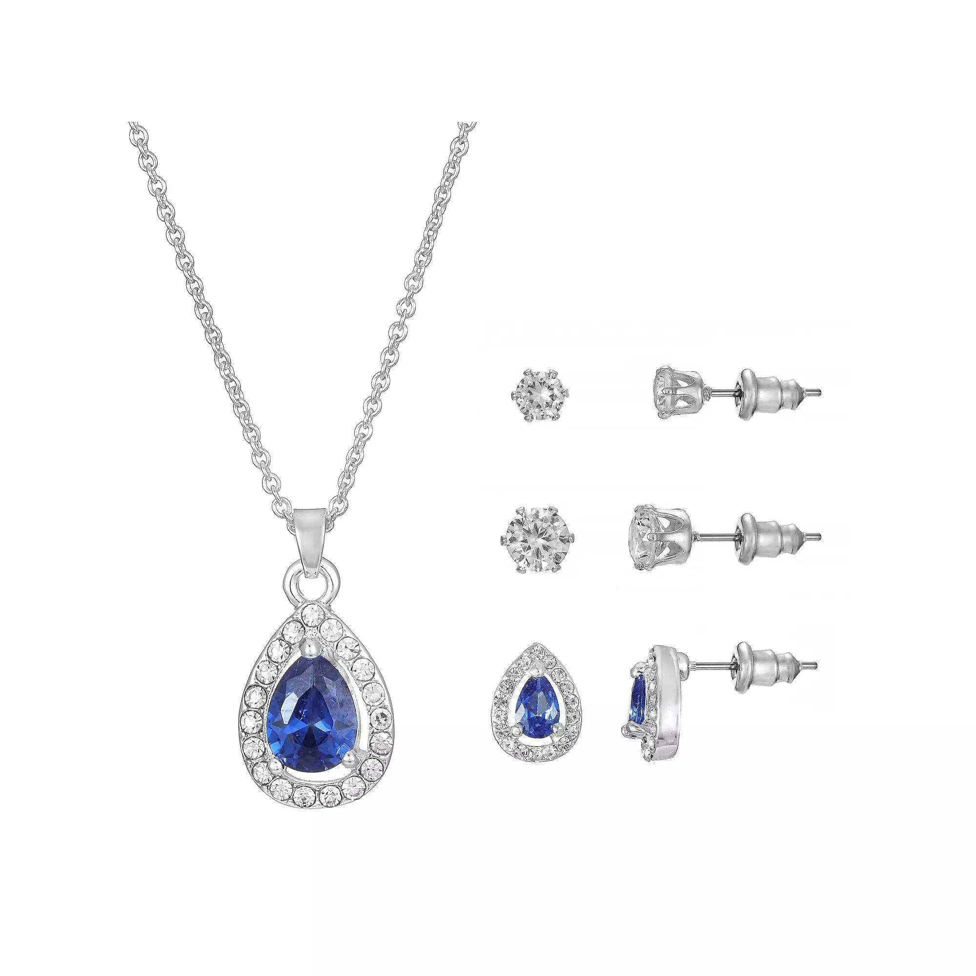 Primavera Silver Plated Blue Cubic Zirconia Teardrop Halo Pendant & Earring Trio Set, Womens Silver Tone Product Image