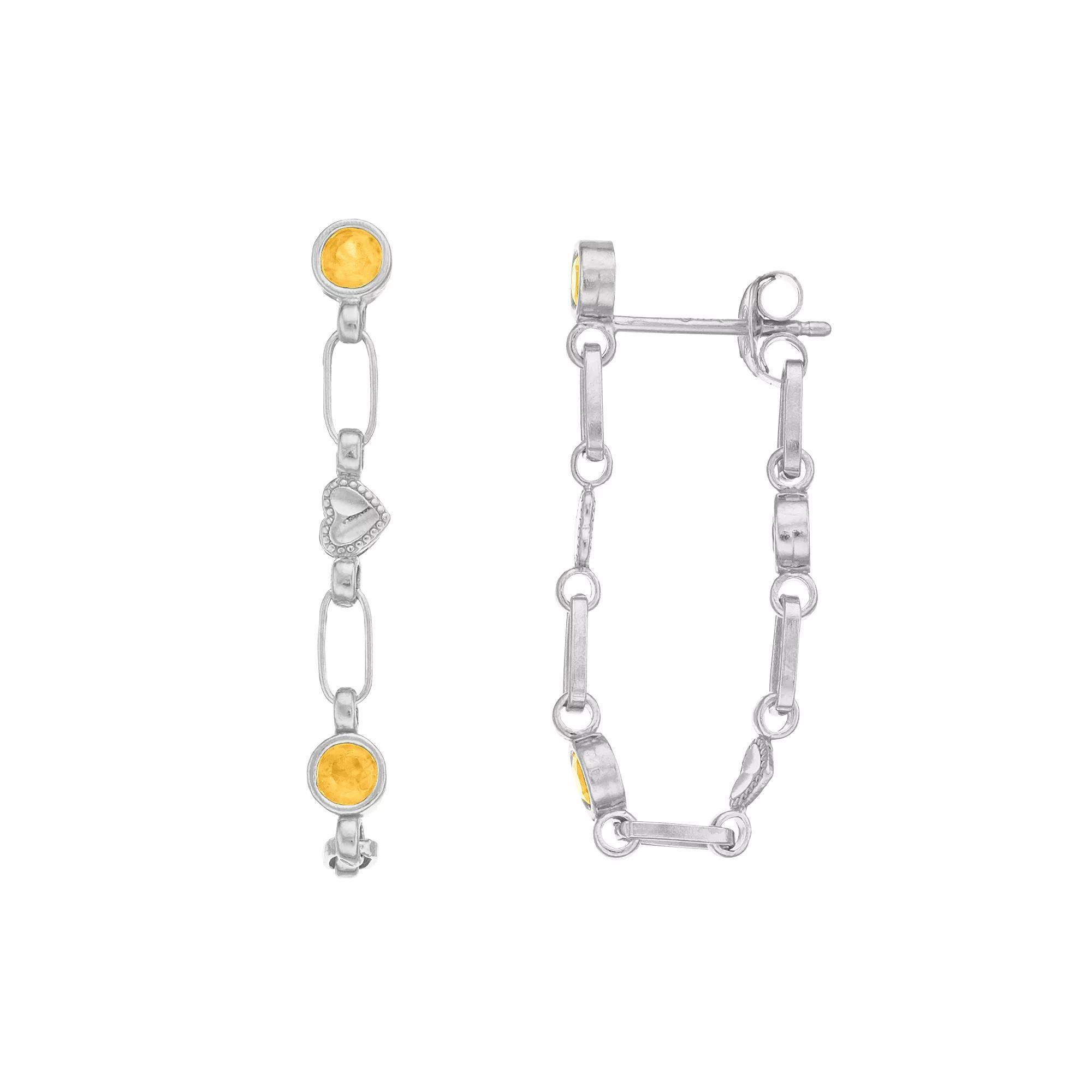 Kristen Kesho Sterling Silver Lab-Created Yellow Sapphire Front-to-Back Heart Link Chain Hoop Earrings, Womens, Grey Product Image