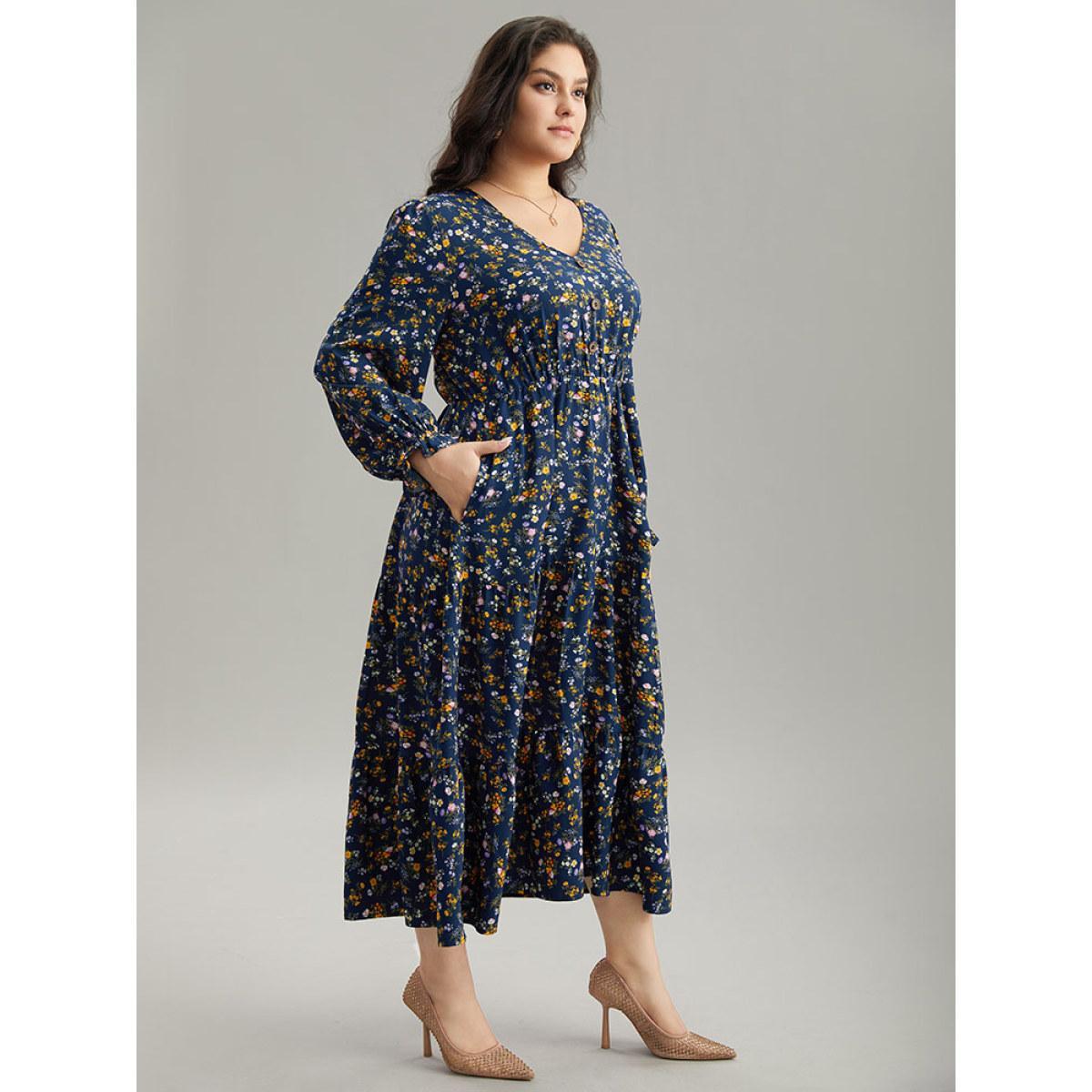 Plus Size Ditsy Floral Button Detail Ruffles Pocket Dress Navy Women Office Printed V-neck Long Sleeve Curvy Midi Dress BloomChic 28/5X Product Image