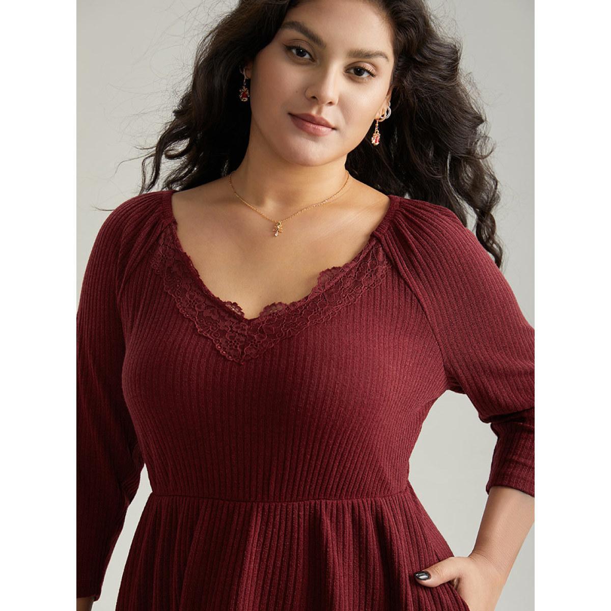 Plus Size Solid Rib Knit Lace Insert Dress Burgundy Women Elegant Rib Knit V-neck Long Sleeve Curvy Midi Dress BloomChic 10/M Product Image