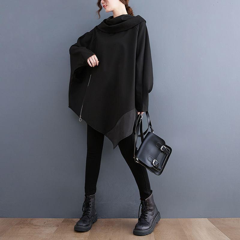 Plain Asymmetrical Zip Oversized Pullover Product Image