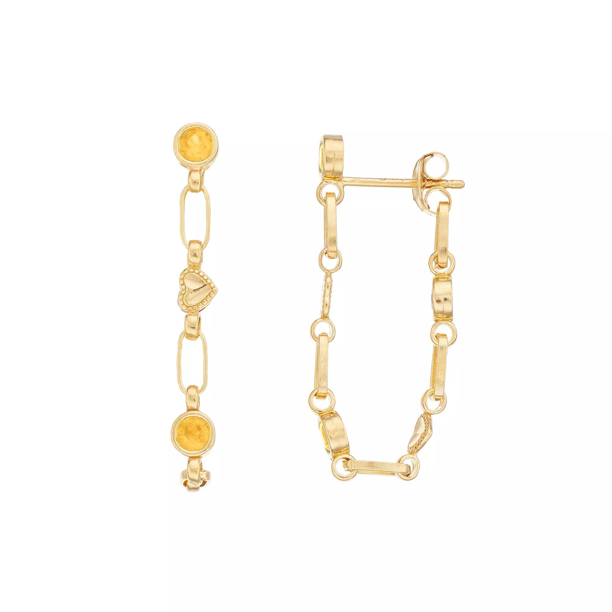 Kristen Kesho Sterling Silver Lab-Created Yellow Sapphire Front-to-Back Heart Link Chain Hoop Earrings, Women's, Gold Tone Product Image