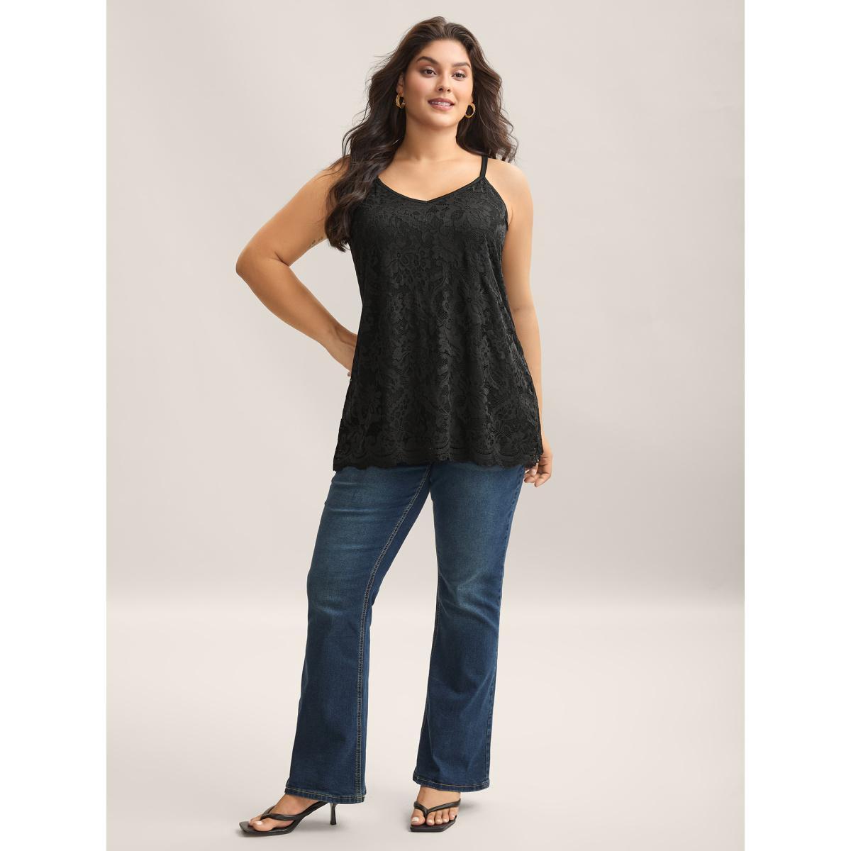Plus Size Floral Lace Lined Tank Top Women Black Non V-neck Everyday-Elegant Tank Tops Camis BloomChic 28/5X Product Image