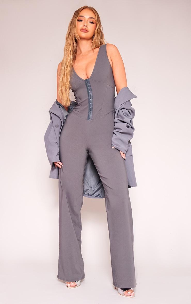 Charcoal Hook And Eye Corset Detail Flared Jumpsuit Product Image