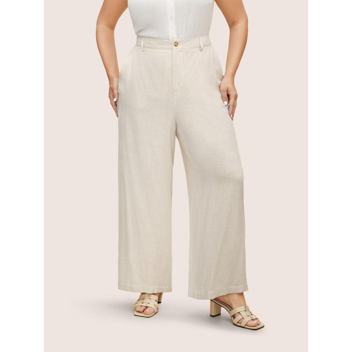 Plus Size Cotton Linen Elastic Waist Wide Leg Pants Women WhiteSmoke Elegant Wide Leg Mid Rise Everyday Pants BloomChic 22-24/3X Product Image