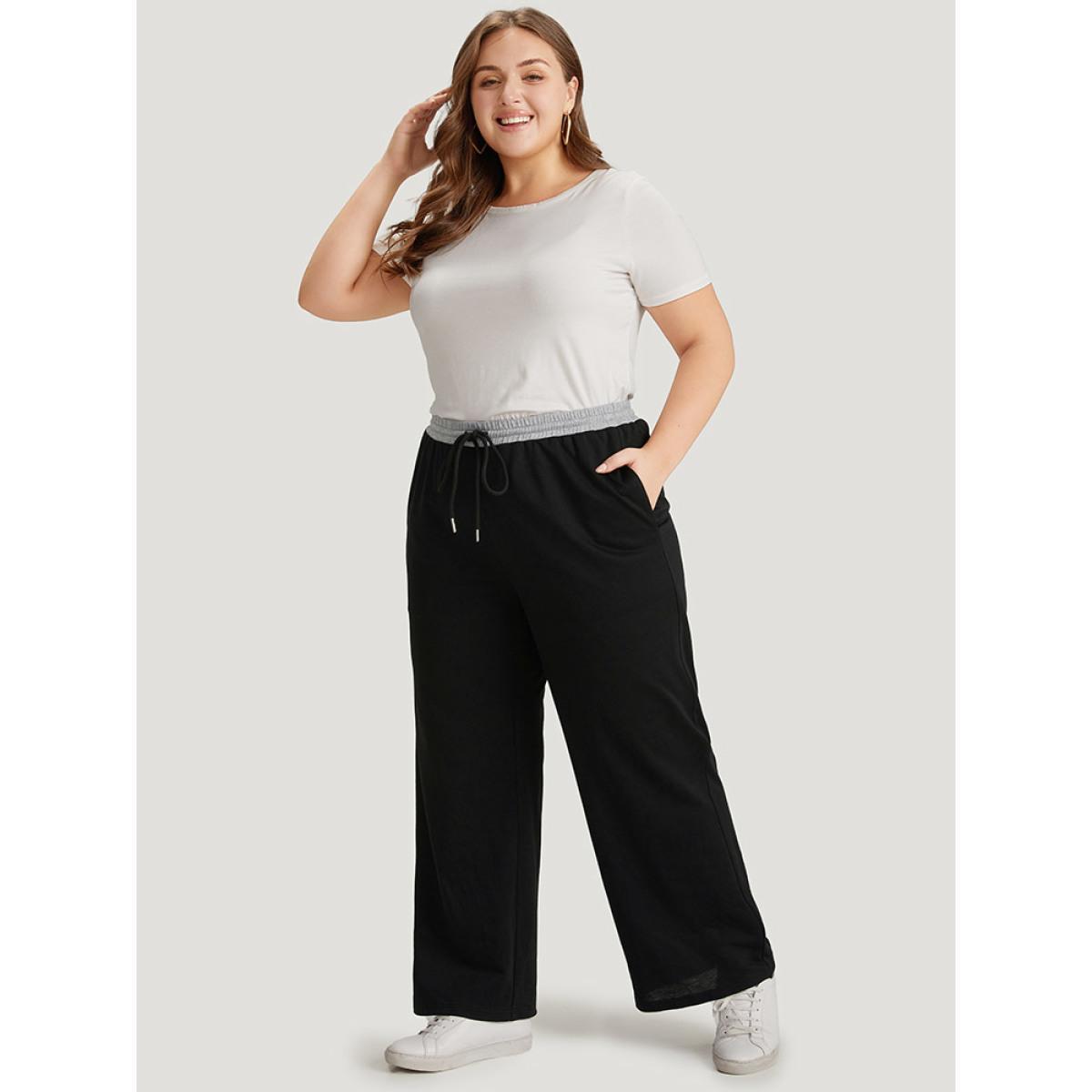 Plus Size Contrast Patchwork Drawstring Straight Leg Pants Women Black Casual High Rise Dailywear Pants BloomChic 30/6X Product Image