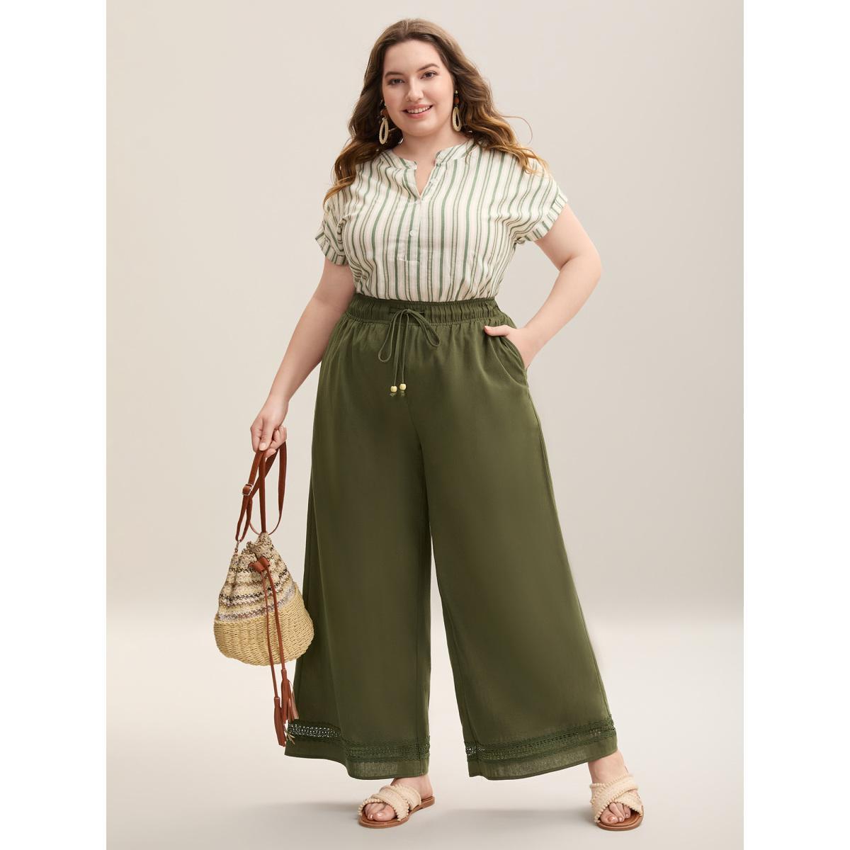 Plus Size Drawstring Lace Detail Wide-Leg Pants Women ArmyGreen Resort Wide Leg Mid Rise Vacation Pants BloomChic 28/5X Product Image