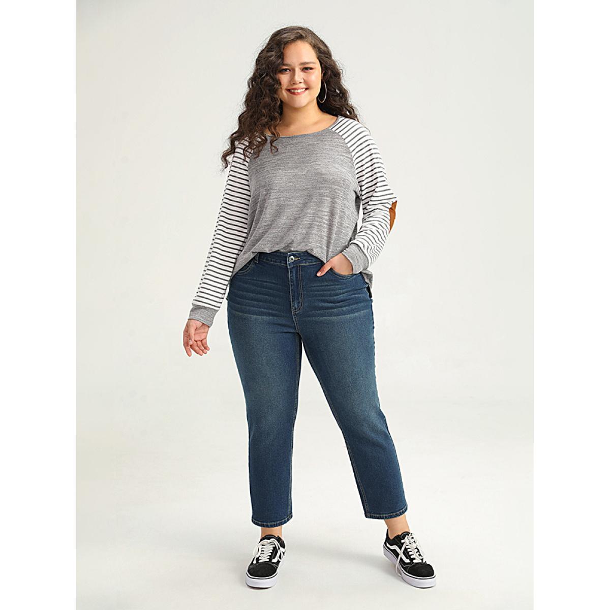 Plus Size Plain Medium Wash Straight Leg Jeans Women Indigo Casual Plain Plain High stretch Pocket Jeans BloomChic 16/1X Product Image