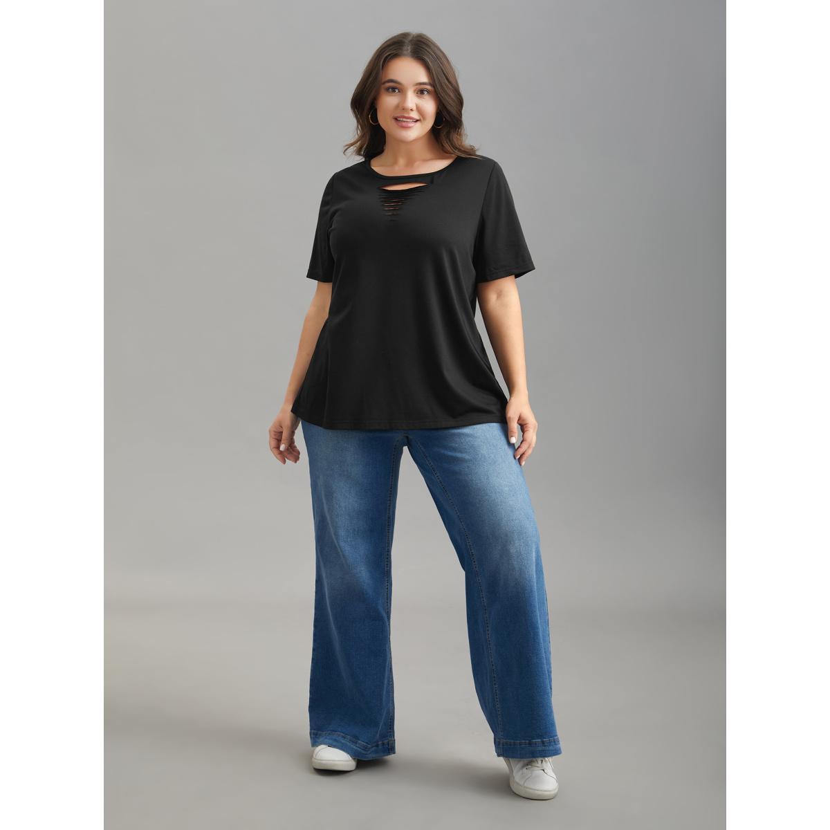 Plus Size Stretchy Ripped Neck Fitted T-Shirt Black Women Casual Cut-Out Round Neck Everyday T-shirts BloomChic 12/L Product Image