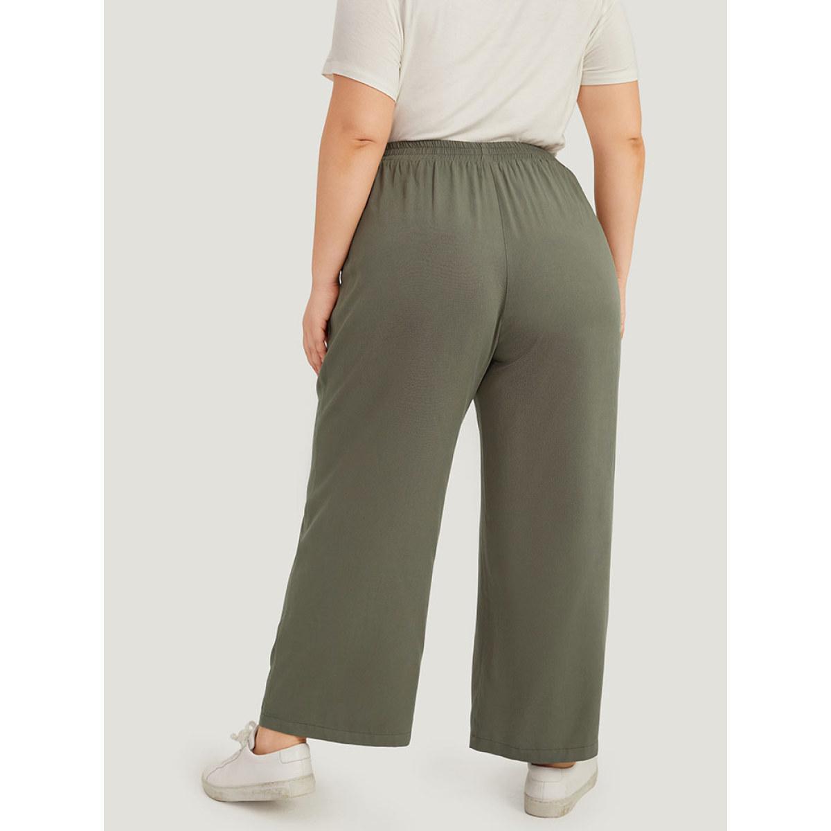 Plus Size Solid Elastic Waist Pocket Ties Pants Women ArmyGreen Casual Straight Leg High Rise Dailywear Pants BloomChic 28/5X Product Image
