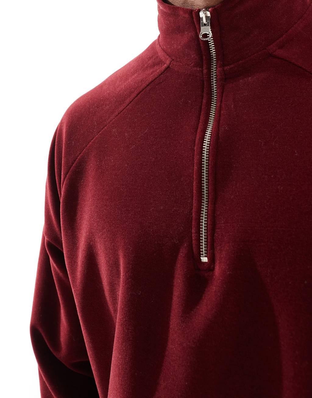ASOS DESIGN oversized quarter zip fleece sweatshirt in burgundy Product Image