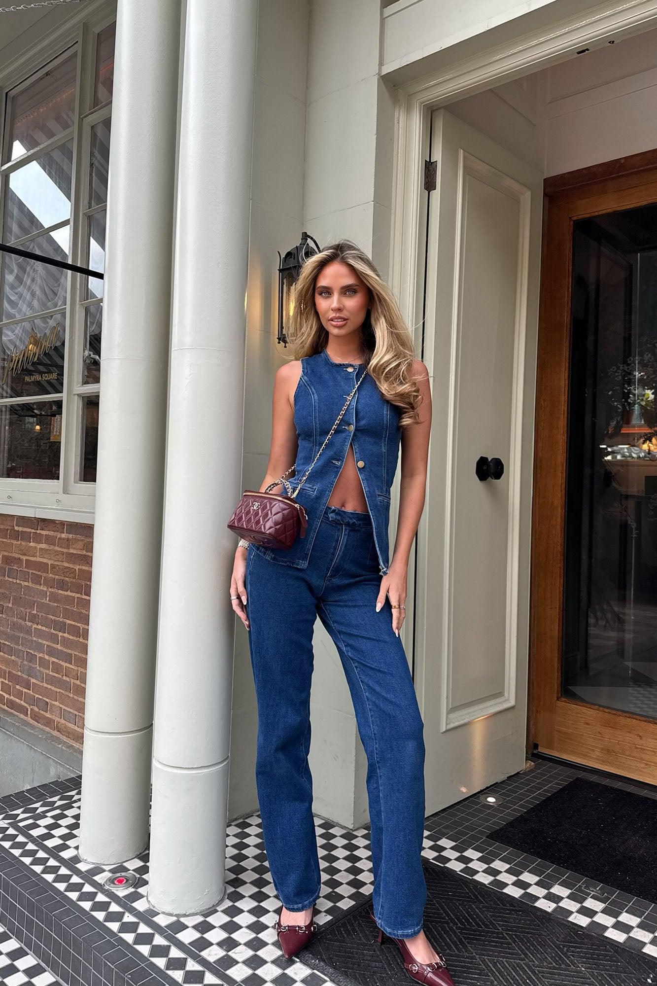 Caught In A Moment Denim Vest Pant Set - Dark Wash Product Image