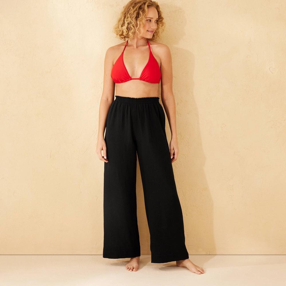 Women's Gauze Cover Up Pants - Shade & Shore™ Black XS: Cotton, Pull-On, Elastic Waist, Maxi Length, Sheer, Machine Washable Product Image