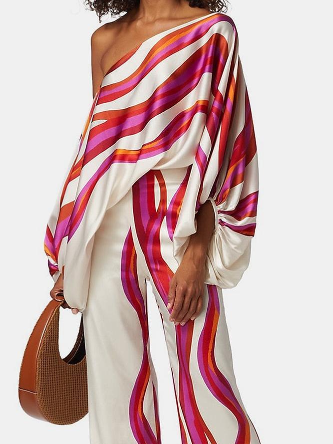 Urban Wide Leg Loose Printed Off-The-Shoulder Blouses &Casual Pants Two Pieces Set Product Image