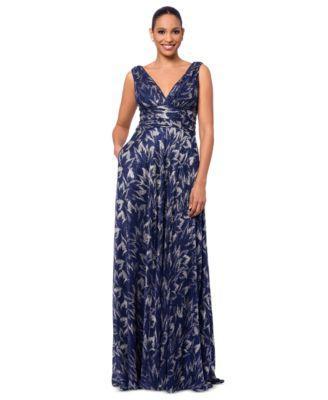 Betsy & Adam Womens Metallic Printed V-Neck Sleeveless Gown - Navy Product Image