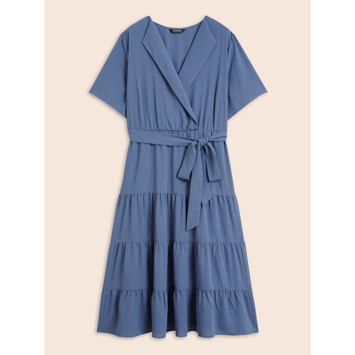 Plus Size Suit Collar Ruffle Layered Hem Dress Stone Women Workwear Essentials Belted Suit Collar Short sleeve Curvy BloomChic 14-16/1X Product Image