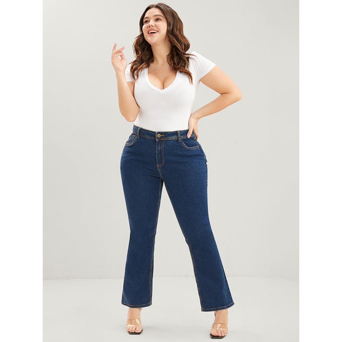 Plus Size Bootcut Slightly Stretchy High Rise Dark Wash Jeans Women Indigo Casual Plain Plain Low stretch Pocket Jeans BloomChic 24/3X Product Image