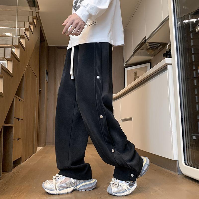 Drawstring Waist Plain Buttoned Loose Fit Sweatpants Product Image