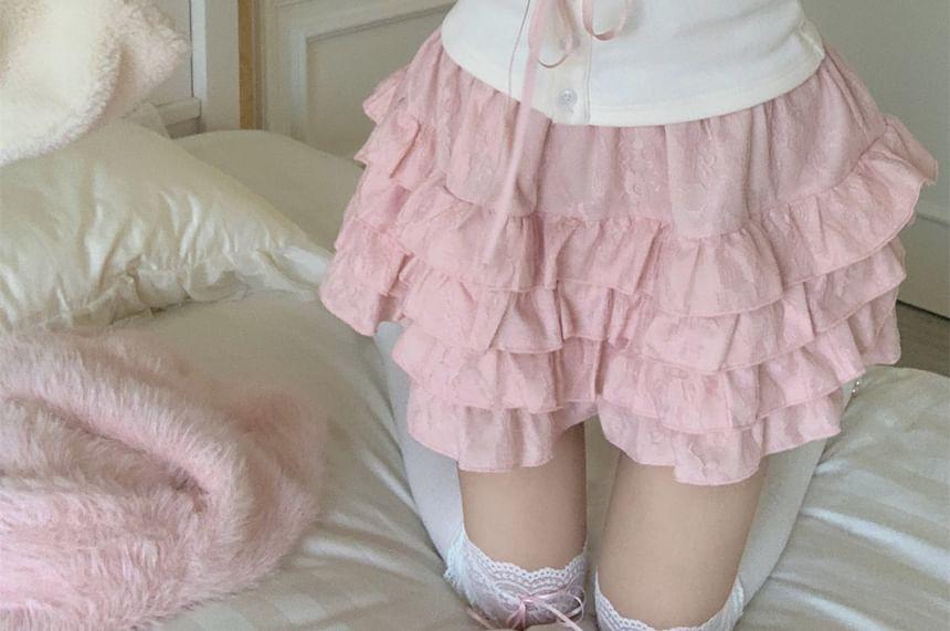 Long-Sleeve Scoop Neck Lace Trim Button-Up Crop Top / High Waist Tiered Mini A-Line Skirt / Plain Fluffy Cardigan Product Image