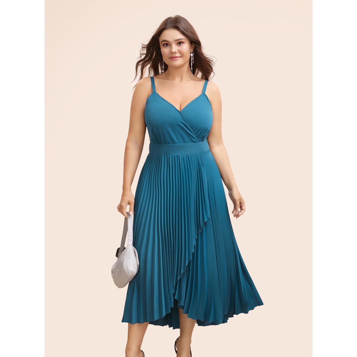 Plus Size Solid Shirred Wrap Hem Cami Dress Aegean Women Cocktail Overlapping Overlap Collar Sleeveless Curvy BloomChic 10/M Product Image