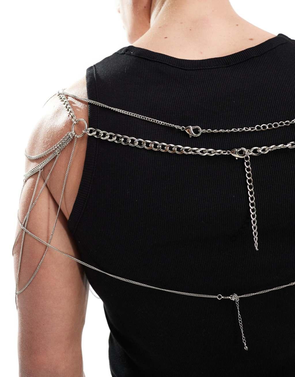 ASOS DESIGN shoulder harness with hanging chains in silver tone Product Image