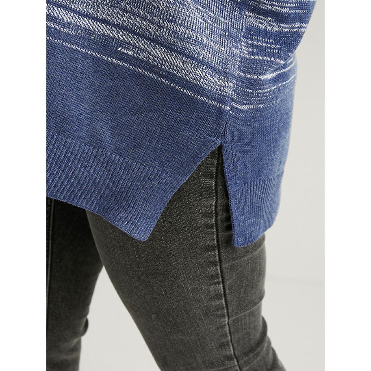 Plus Size Ombre Contrast Mixed Yarn Knit Split Hem Knit Top Indigo Women Casual Loose Long Sleeve Dailywear Pullovers BloomChic 18-20/2X Product Image