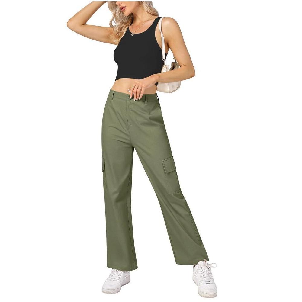 Whizmax Cargo Pants Women Baggy Casual High Waisted Straight Leg Pants Loose Trousers with Pockets Army green XL Product Image