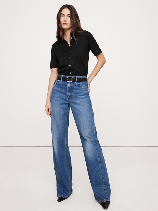 Silky Cotton Short-Sleeve Button-Down Top Product Image