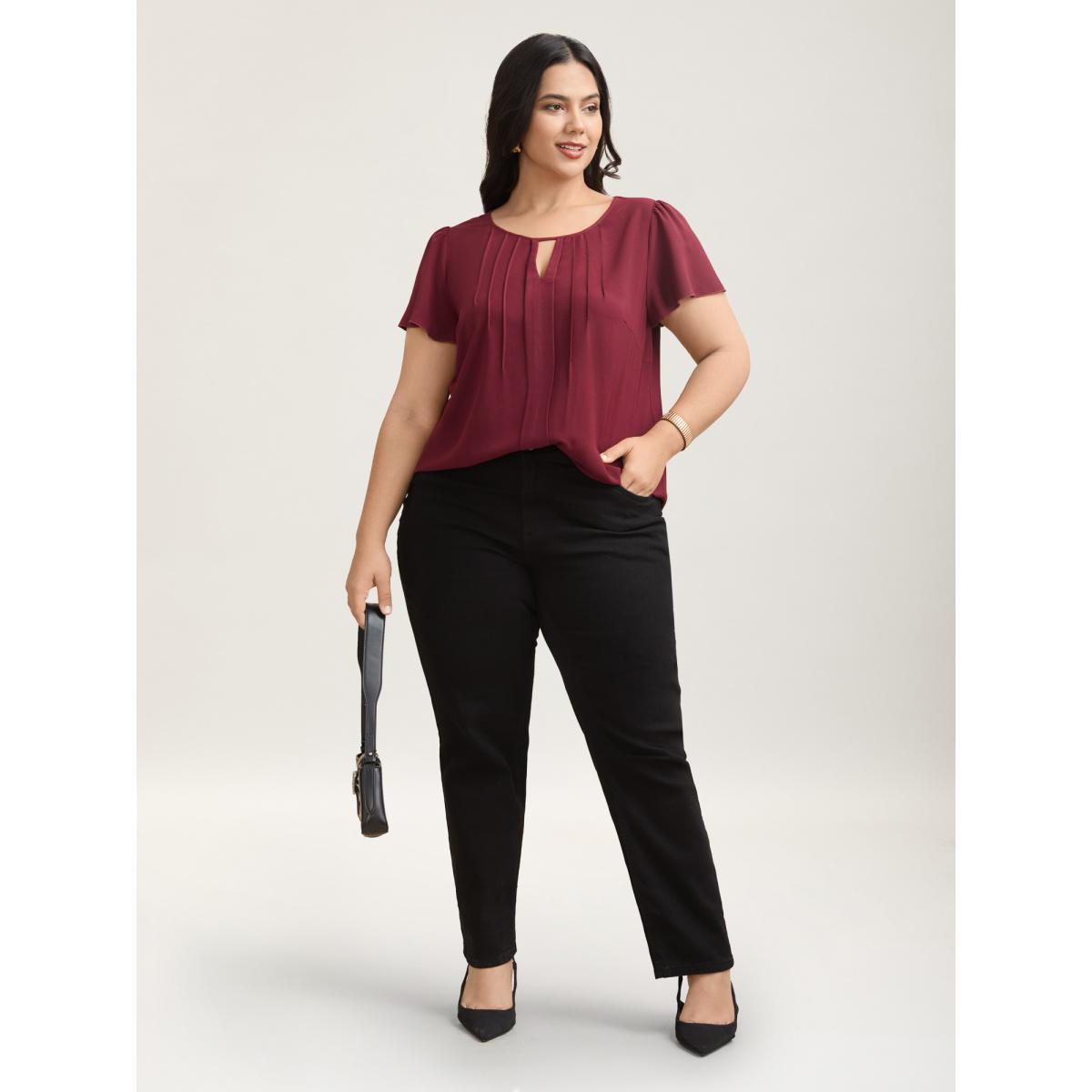 Plus Size Scarlet Plain Neck Cut-Out Pintuck Shirt Women At the Office Short sleeve Round Neck Work Blouses BloomChic 18-20/2X Product Image