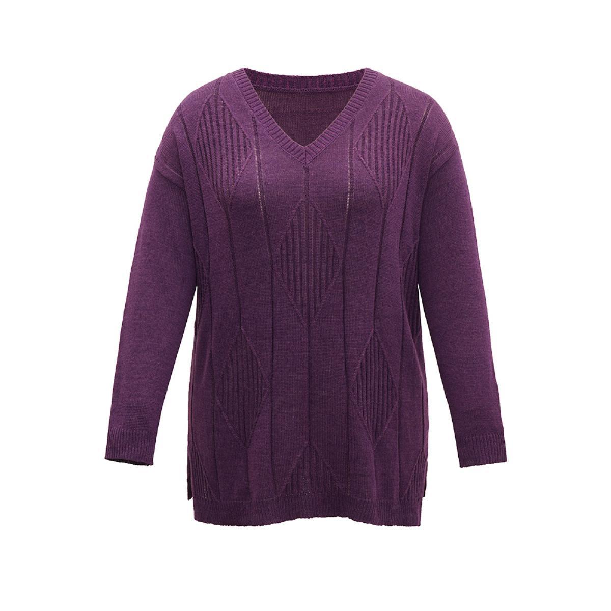 Plus Size Geometric V Neck Split Hem Pullover Purple Women Casual Long Sleeve V-neck Dailywear Pullovers BloomChic 10/M Product Image