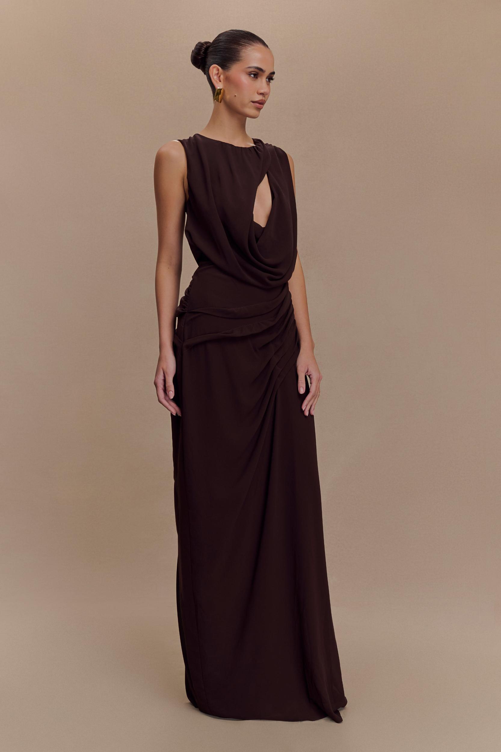 Oria Chiffon Maxi Dress - Cacao Brown Product Image