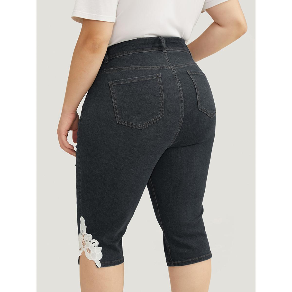 Plus Size Very Stretchy High Rise Medium Wash Guipure Lace Knee Denim Shorts Women DimGray High stretch Everyday Patch pocket Casual Denim Shorts BloomChic 10/M Product Image