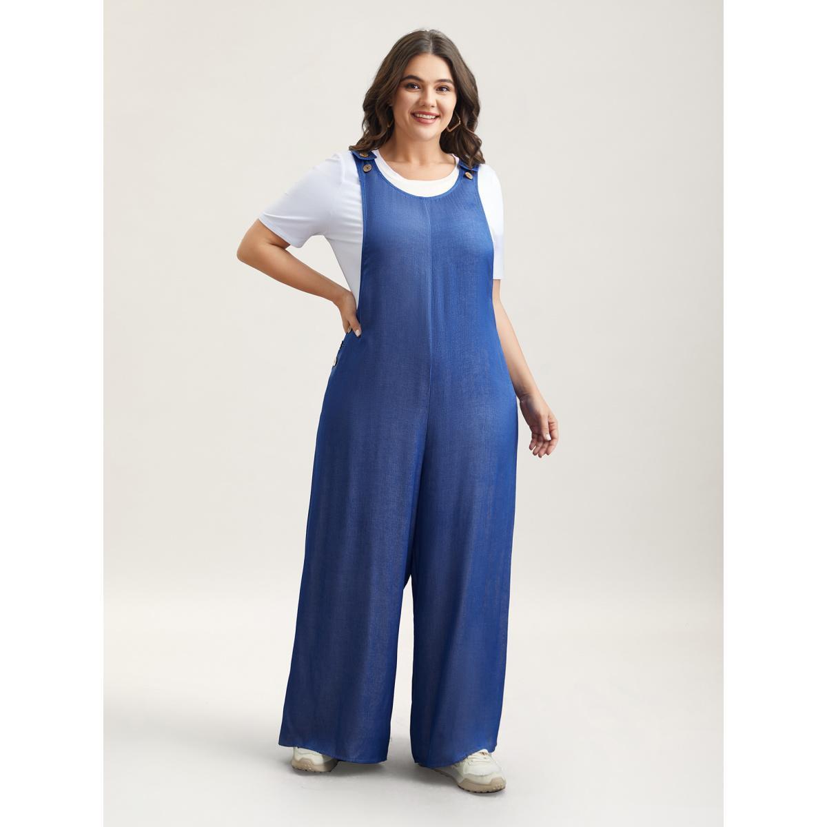 Plus Size Mediumblue Adjustable Straps Fake-Denim Jumpsuit Women Elegant Sleeveless U-neck Everyday-Elegant Loose Jumpsuits BloomChic 18-20/2X Product Image