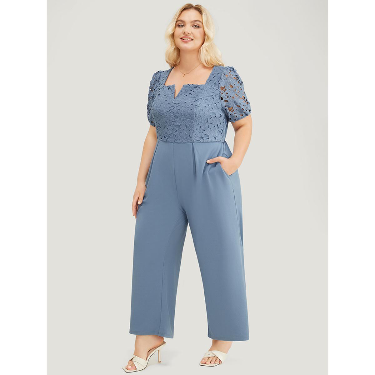 Plus Size Stone Solid Lace Notched Square Neck Pocket Pleated Jumpsuit Women Glamour Short sleeve V-neck Going out Loose Jumpsuits BloomChic 22-24/3X Product Image