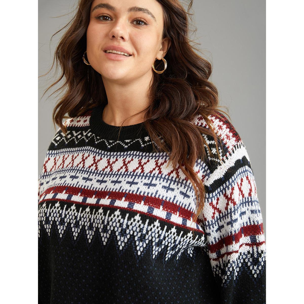 Plus Size Bandana Print Loose Elastic Cuffs Pullover Black Women Casual Loose Long Sleeve Round Neck Dailywear Pullovers BloomChic 10/M Product Image