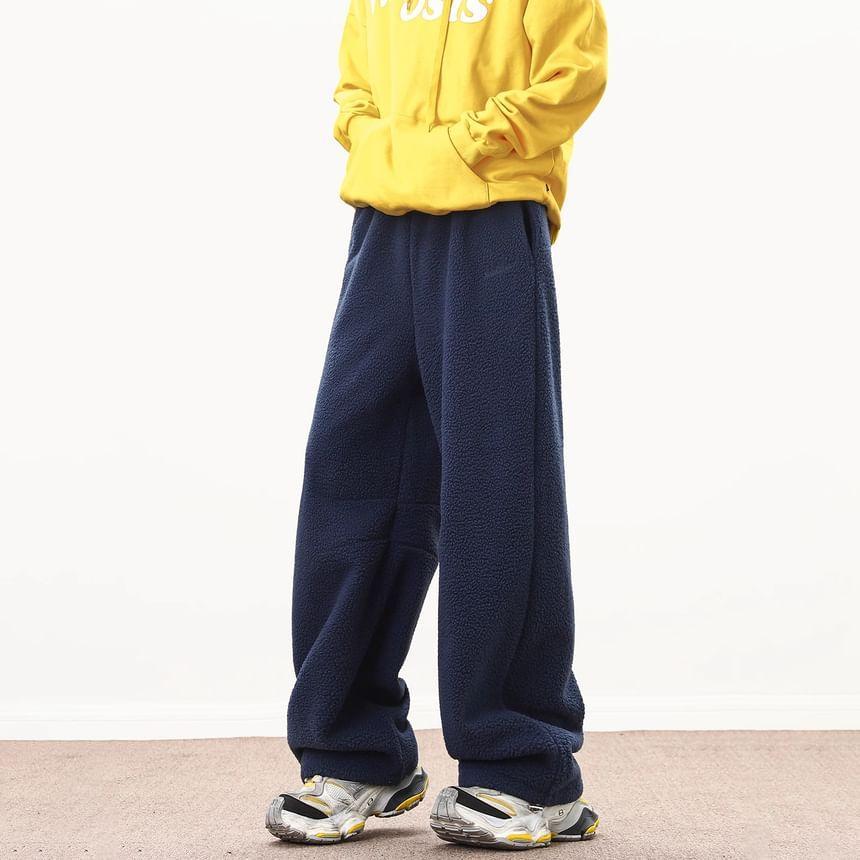 Mid Rise Letter Embroidered Faux Shearling Wide Leg Pants Product Image
