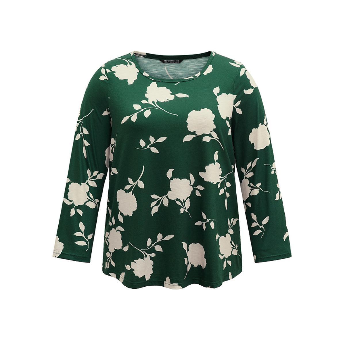 Plus Size Silhouette Floral Print Crew Neck T-shirt DarkGreen Women Casual Texture Silhouette Floral Print Round Neck Dailywear T-shirts BloomChic 14-16/1X Product Image
