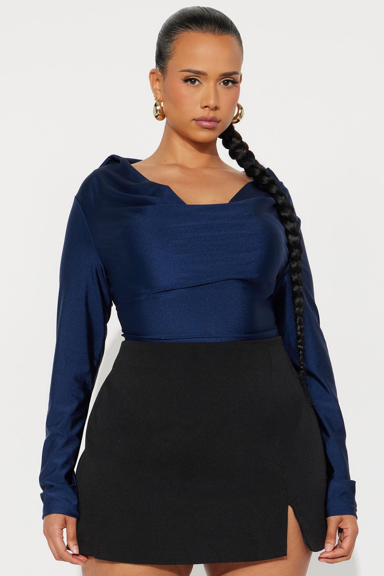 Only Source Long Sleeve Cowl Neck Bodysuit - Navy Product Image
