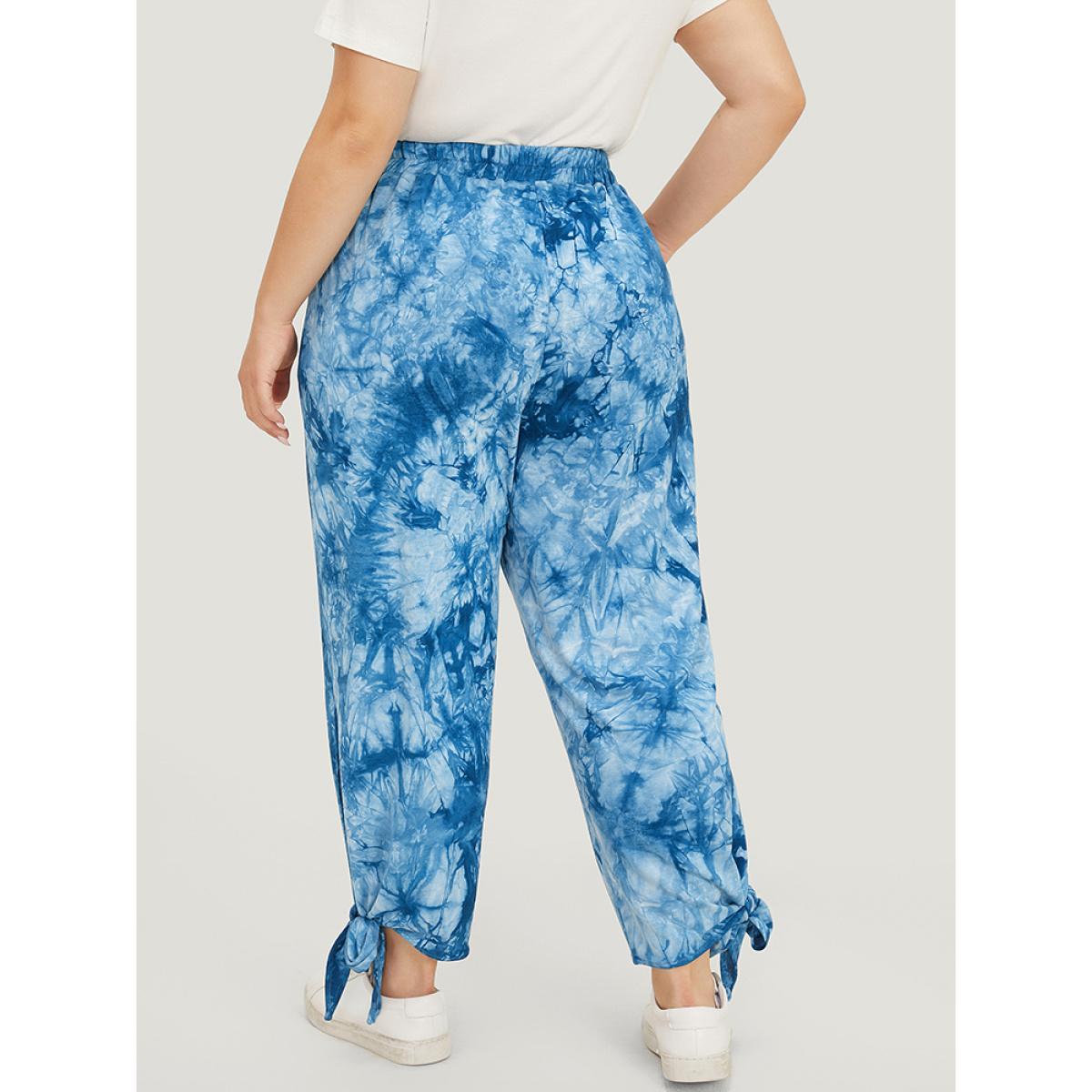 Plus Size Tie Dye Pocket Cut Out Knotted Hem Pants Women Blue Casual Mid Rise Dailywear Pants BloomChic 14-16/1X Product Image